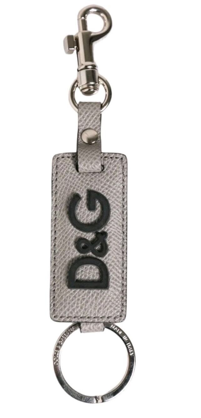 DOLCE & GABBANA Keyring Gray Leather Logo Metal Ring Keychain Holder 190usd
